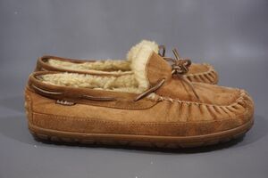 LL Bean Wicked Good Moccasin Slippers Womens Size 10 Brown Suede Sheepskin Fur